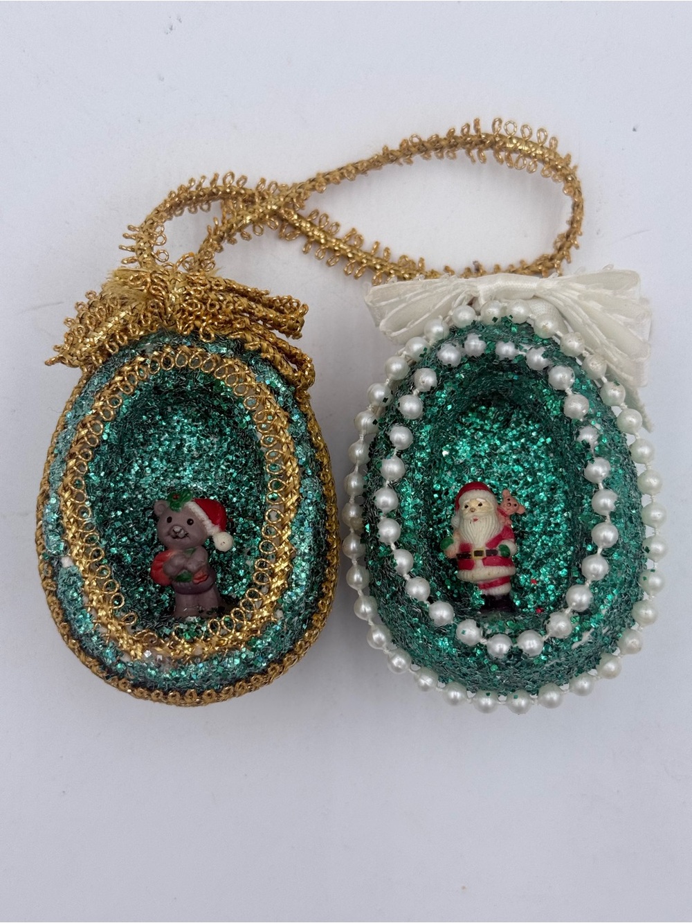 Lot Of 2 Vintage 60s Egg Diorama Christmas Ornaments Santa & Teddy